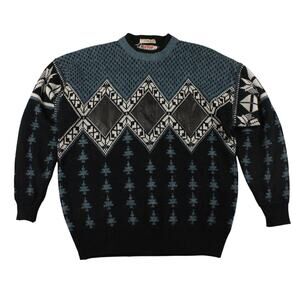 VTG Grandpa Sweater Mens Sz XL Leather Trim Diamonds Nordic Style Blue Black